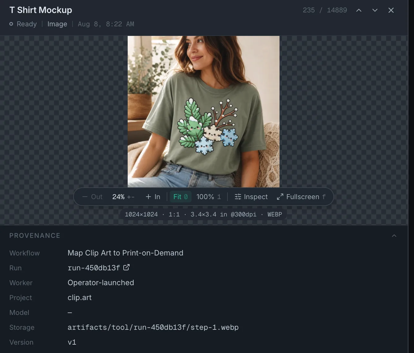 The artifacts browser in app.esy.com: a grid of clip.art assets on the left, the T Shirt Mockup open in the inspector on the right, and its provenance panel listing the workflow, run, project, storage path, and version