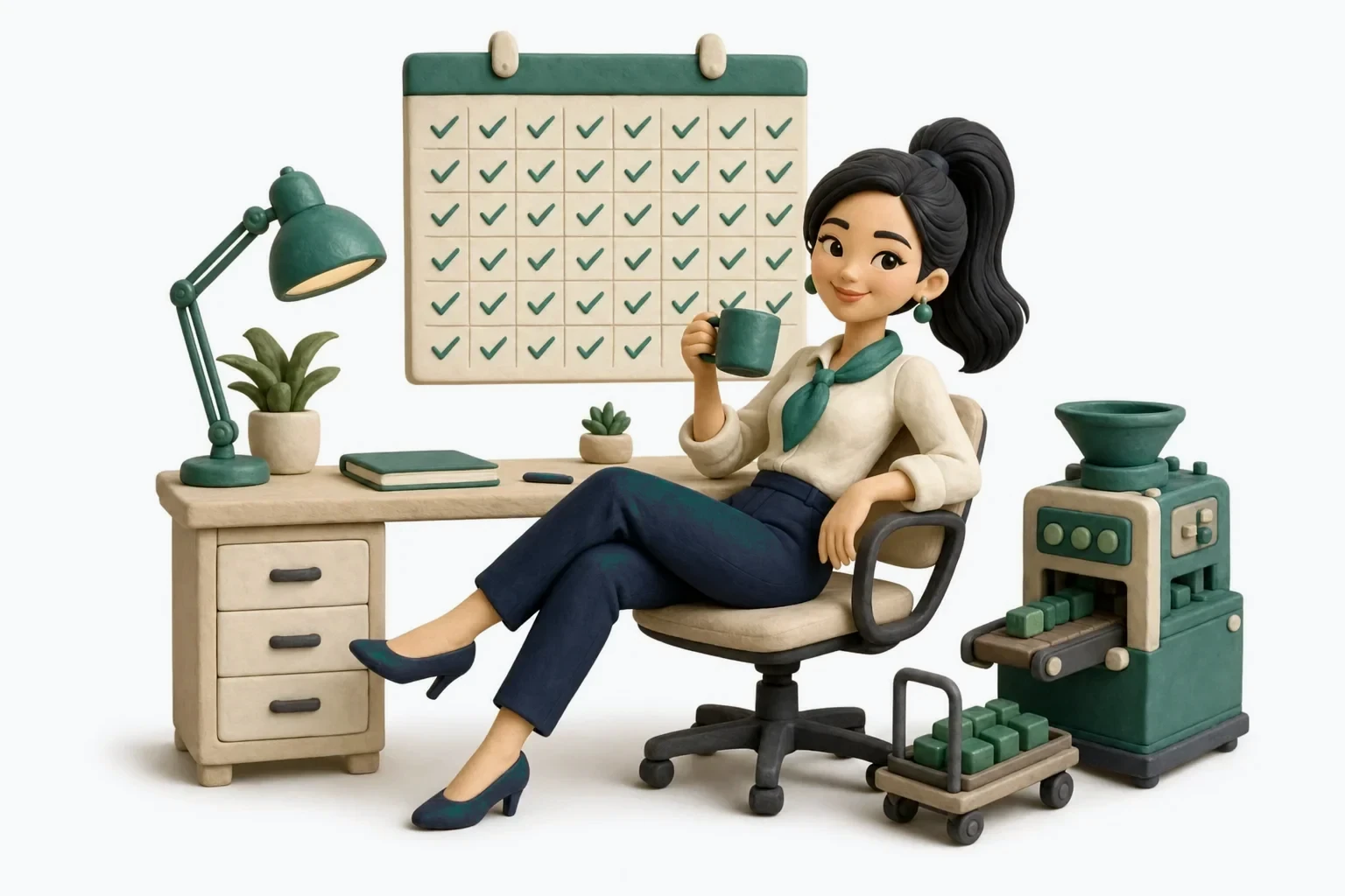 The producer relaxed with a mug, the wall calendar behind her filled with jade checkmarks